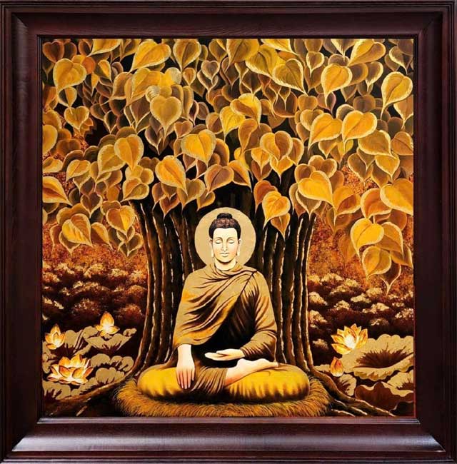 Tranh Đức Phật Ngồi Thiền Dưới Cây Bồ Đề 1.18m x 1.18m – Sơn Mài Dát Vàng Ta Thủ Công
