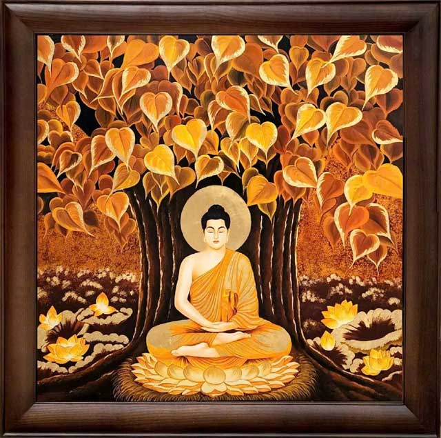 Tranh Đức Phật Ngồi Thiền Dưới Cây Bồ Đề 93x93cm – Sơn Mài Dát Vàng Ta Thủ Công