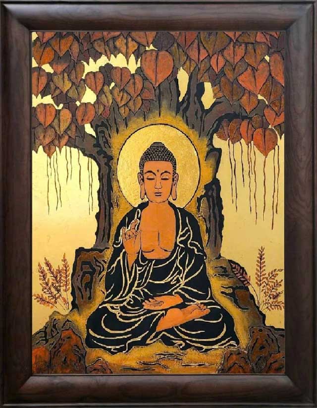 Tranh Đức Phật Ngồi Thiền Dưới Cây Bồ Đề – Sơn Mài Dát Vàng Thủ Công Cao Cấp