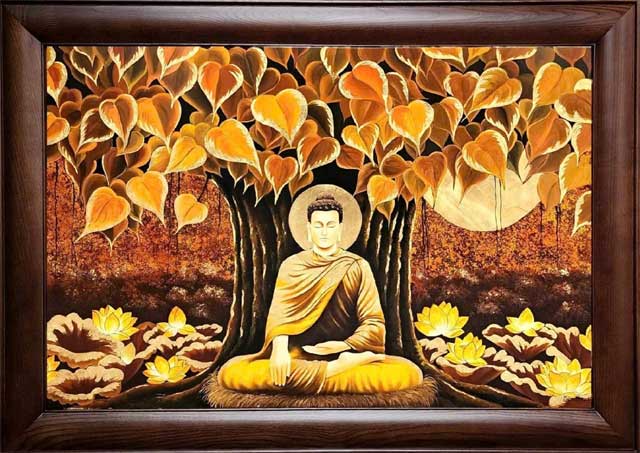 Tranh Đức Phật Ngồi Thiền Dưới Cây Bồ Đề – Sơn Mài Dát Vàng